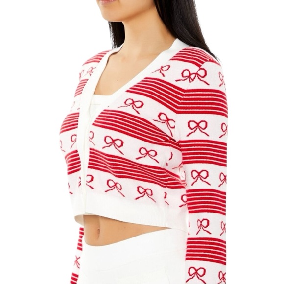 Forever 21 Sweaters - Forever 21 Coquette Striped Bow Ivory Red Knit Cardigan Sweater Size Medium